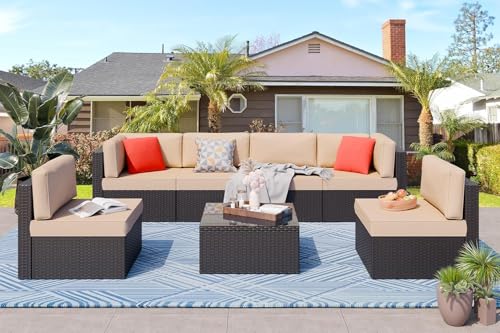 KswyyuwxgqI 7-teiliges Terrassenmöbel-Set für den Außenbereich, mit manuellem PE-Geflecht, Sektional-Rattan-Sofa, Kissen, Kissen und Glastisch für Terrassengespräche (beige) von KswyyuwxgqI