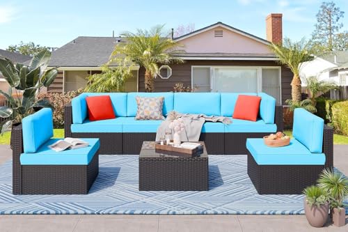 KswyyuwxgqI 7-teiliges Terrassenmöbel-Set für den Außenbereich mit manuellem PE-Geflecht, Sektional-Rattan-Sofa, Kissen, Kissen und Glastisch für Terrassengespräche (blau) von KswyyuwxgqI