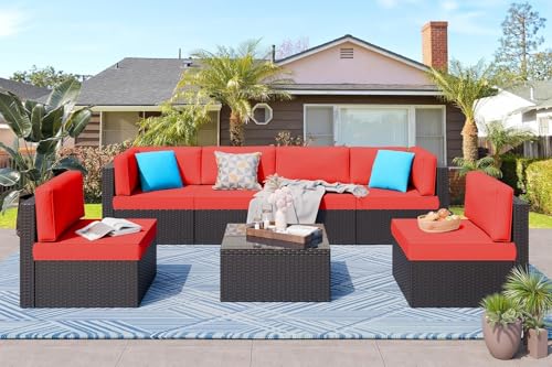 KswyyuwxgqI 7-teiliges Terrassenmöbel-Set für den Außenbereich mit manuellem PE-Geflecht, Sektional-Rattan-Sofa, Kissen, Kissen und Glastisch für Terrassengespräche (rot) von KswyyuwxgqI