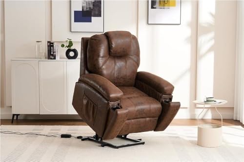 KswyyuwxgqI Elektrischer Power Lift Relaxsessel für Senioren mit Massagewärme, USB-Anschlüssen, Fernbedienung, Lederliegesofa, Seitentaschen und Getränkehaltern für Wohnzimmer und Schlafzimmer von KswyyuwxgqI