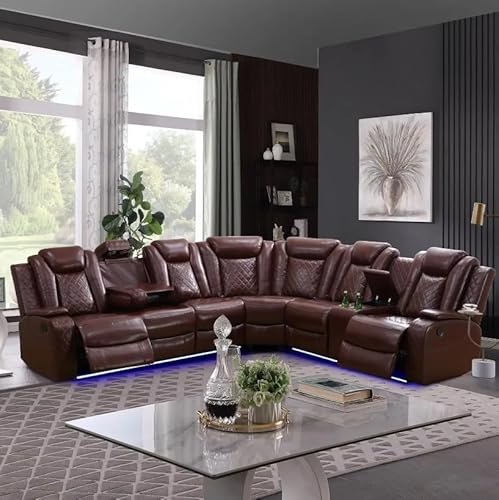 KswyyuwxgqI Elektrischer elektrischer Liegestuhl, Sektionalsofa, PU-Leder, Wohnzimmermöbel, Sofa, luxuriöses weißes Leder, Liegestuhl, Sektionalcouch, L-förmige Sofas mit LED-Lichtern (braun) von KswyyuwxgqI