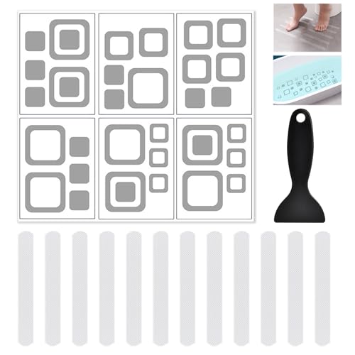 18 Stück Premium Anti Rutsch Aufkleber, mit 6 Anti-Rutsch für Badewanne Dusche 15 * 20 cm, 12 Anti Rutsch Dusch Streifen, mit 1 Schaber, Selbstklebend Einfache Installation, Schimmel und Wasserfest von Ksywydu