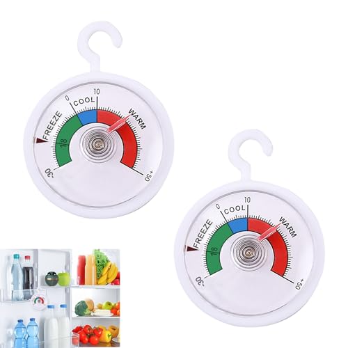 2 Stück Analoges Thermometer zum Aufhängen, Kühlschrankthermometer mit Haken und Klebepad, Temperaturanzeige von -30°C bis +50°C, für Gefrierschrank, Weinkühlschrank, Tiefkühltruhe/Minibar/rund/weiß von Ksywydu