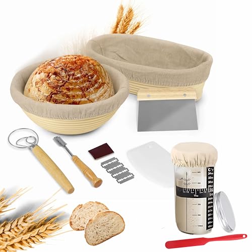 Ktchnhlprz 13-tlg. Brotback-Set inkl. 700ml Gärglas für eigenen Sauerteig, 2 hochwertige Rattan-Gärkörben mit waschbarer Abdeckung aus Leinen, dänischer Schneebesen, Teigtrenner von Ktchnhlprz