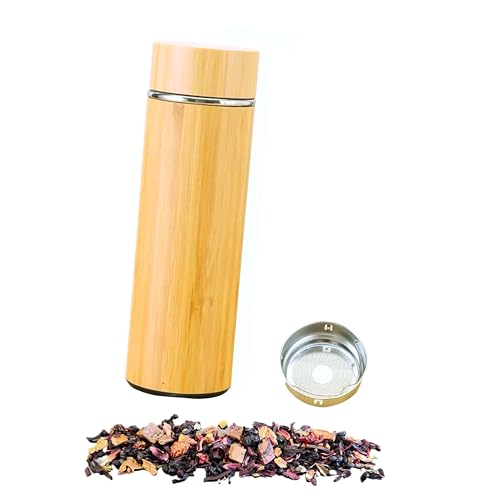 Ktchnhlprz Teeflasche mit Sieb, Bambus, doppelwandiges Edelstahl, herausnehmbares Teesieb, bis zu 6 Std. warme und bis zu 8 Std. kalte Getränke, Thermosflasche von Ktchnhlprz
