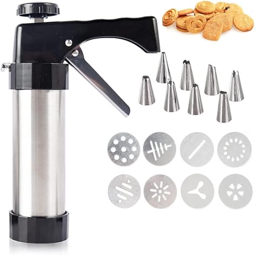 Gebäckspritze Set, Edelstahl Gebäckpresse mit 8 Schablonen und 8 Tüllen, Tragbar Spritzgebäck Presse DIY Kekspresse Backzubehör für Kuchen Kekse Gebäckspritze Set, Edelstahl Gebäckpresse mit 8 Schablonen und 8 Tüllen, Tragbar Spritzgebäck Presse DIY Kekspresse Backzubehör für Kuchen Kekse von Ktnyl
