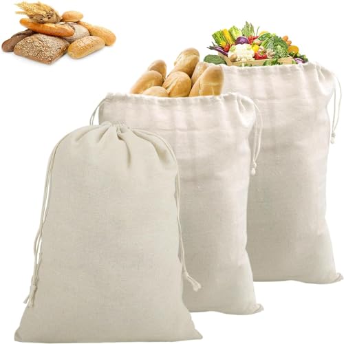 Ktnyl 3 Stück Brotbeutel Leinen Set, 30 x 40 cm Brotbeutel, Wiederverwendbar Brotsack, Brotsack mit Kordelzug, Atmungsaktiver Brottasche für Brot, Baguette, Selbstgemachtes Brot von Ktnyl