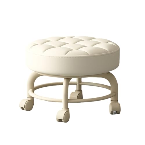 360° Drehbarer Niedriger Roller Sitzhocker Fauler Hausarbeitshocker Runde Kinder Stabiler Leichter Schwerlast Pulley Niedriger Hocker PU Leder Kleiner Hocker Fußhock Beige von Ktrezs