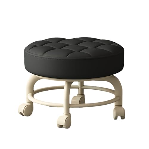 360° Drehbarer Niedriger Roller Sitzhocker Fauler Hausarbeitshocker Runde Kinder Stabiler Leichter Schwerlast Pulley Niedriger Hocker PU Leder Kleiner Hocker Fußhock Black von Ktrezs