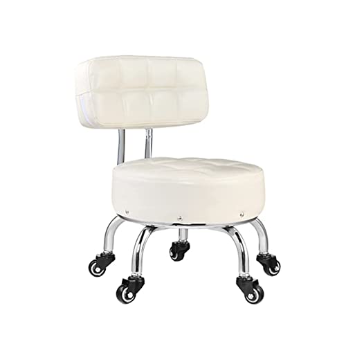 Ktrezs Niedriger Rollhocker mit Rad und Rückenlehne, Rollstuhl Kurze Rollfüße Hocker PU-Leder kleine Hocker für Home Office Shop Salon Küche Garage oder Sofa White von Ktrezs