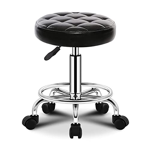 Ktrezs Runde Rollhocker PU Leder Sitzhöhe Verstellbarer Drehhocker mit Rädern, einstellbare Höhen Barhocker Office Shop Stuhl Massage Spa Friseur Haken Hocker Black von Ktrezs
