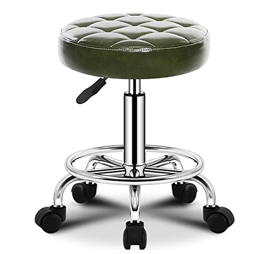 Ktrezs Runde Rollhocker PU Leder Sitzhöhe Verstellbarer Drehhocker mit Rädern, einstellbare Höhen Barhocker Office Shop Stuhl Massage Spa Friseur Haken Hocker Green 1 von Ktrezs