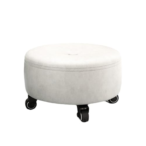 PU-Leder Niedriger Runder Rollhocker Moderner Roller Sitz 360° Drehbarer Kleiner Hocker Mit Universal Rollen Rollen Fußhocker Für Home Office Garage Shop Fitness SPO White von Ktrezs
