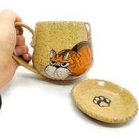 Grumpy Cat Set Becher Mit Deckel Ingwer Katze Dicke Wütende Katzen Kaffeetasse Handgemachte Keramik Tasse Löffel Rest Katzenliebhaber Geschenk von KuCaCeramics