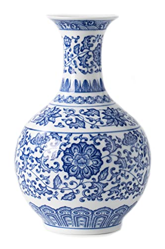 Blaue und weiße Vasendekoration, Keramik-Chinoiserie-dekorative Vase für Zuhause, Büro, Blumenvase, Pocelain, glänzende Vase für Tisch, Wohnzimmer, Bücherregal, Kaminsims, Tafelaufsätze, 24,1 cm von KuJaRen