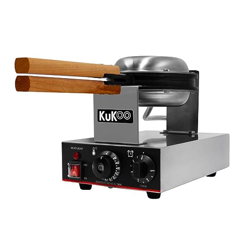 KuKoo Profi Edelstahl Waffeleisen Dreh-Funktion Tiefe Füllung für dicke Waffeln Antihaft Eisenplatten 50-250°C Automatische Temperaturregler 1-5min Timer Cool-Touch-Holzgriff GRATIS Servierzange 1000W von Kukoo