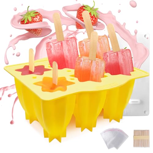 Eisformen Eis am Stiel,Wassereis Formen,Eisformen Silikon für Stieleis,Eis Selber Machen Formen,6 DIY Wiederverwendbar Popsicle Formen Eisform für Kinder und Erwachsene (Gelbe-Sternfrucht) von Kuaikely