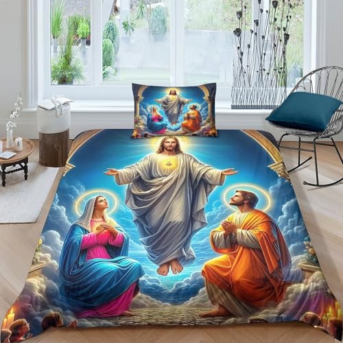 Jesus - die Religion Bettbezug 2 Stücke BettwäscheSet Hoffnung und Liebe 3D Druck Mit Reißverschluss Und Kissenbezug Mikrofaser Abriebfest Für Erwachsene,Jugendliche,Kinder Single（135x200cm） von KuangGeKG