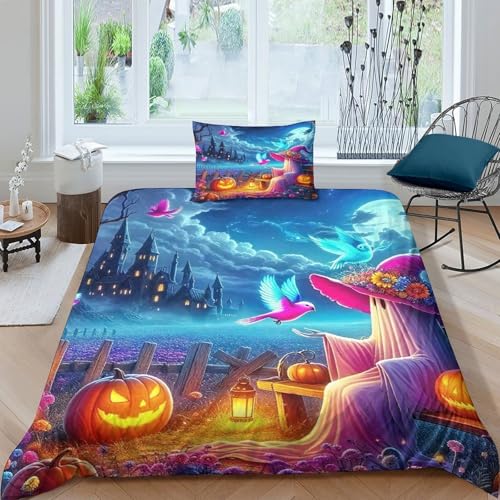 KuangGeKG Die Hexe Bettbezug 2 Stücke Bettzeug-Set Halloween 3D Druck Mit Reißverschluss Und Kissenbezug Mikrofaser Gemütlich Für Erwachsene,Jugendliche,Kinder Single（135x200cm） von KuangGeKG