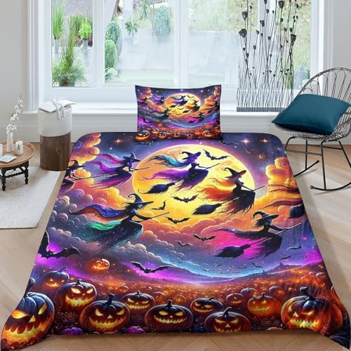 KuangGeKG Die Hexe Bettbezug 2er Bettwäsche-Sets Halloween 3D Druck Mit Reißverschluss Und Kissenbezug Mikrofaser Antibakteriell Für Erwachsene,Jugendliche,Kinder Single（135x200cm） von KuangGeKG