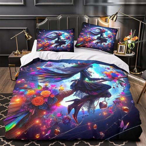 KuangGeKG Die Hexe Bettbezug 3-teiliges BettwäscheSet Halloween 3D Druck Mit Reißverschluss Und Kissenbezug Mikrofaser Antibakteriell Für Erwachsene,Jugendliche,Kinder Single（140x200cm） von KuangGeKG