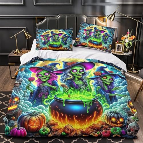 KuangGeKG Die Hexe Bettbezug Dreiteiliger Bettzeug-Set Halloween 3D Druck Mit Reißverschluss Und Kissenbezug Mikrofaser Abriebfest Für Erwachsene,Jugendliche,Kinder Super King（260x220cm） von KuangGeKG