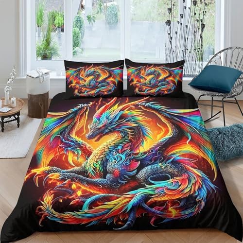KuangGeKG Drachen Bettbezug Dreiteiliger Bettwäsche-Sets Geheimnisvolle Kraft 3D Druck Mit Reißverschluss Und Kissenbezug Mikrofaser Gemütlich Für Erwachsene,Jugendliche,Kinder Double（200x200cm） von KuangGeKG