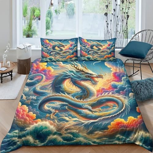 KuangGeKG Drachen Bettbezug Dreiteiliger BettwäscheSet Geheimnisvolle Kraft 3D Druck Mit Reißverschluss Und Kissenbezug Mikrofaser Antibakteriell Für Erwachsene,Jugendliche,Kinder King（220x240cm） von KuangGeKG