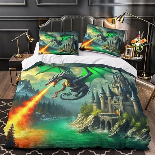 KuangGeKG Drachen Bettbezug Dreiteiliger Bettzeug-Set Geheimnisvolle Kraft 3D Druck Mit Reißverschluss Und Kissenbezug Mikrofaser Abriebfest Für Erwachsene,Jugendliche,Kinder Single（140x200cm） von KuangGeKG