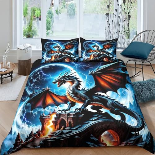 KuangGeKG Drachen Bettwäsche 3-teiliges BettwäscheSet Geheimnisvolle Kraft 3D Druck Mit Reißverschluss Und Kissenbezug Mikrofaser Gemütlich Für Erwachsene,Jugendliche,Kinder King（220x240cm） von KuangGeKG