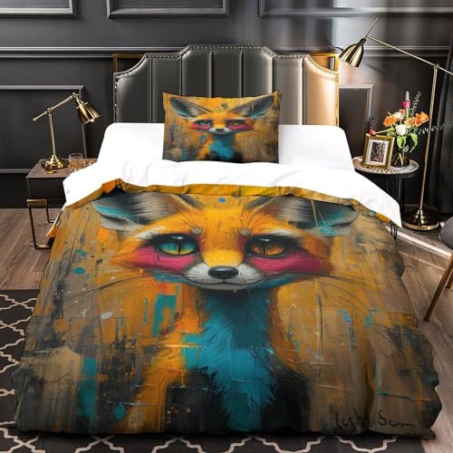 KuangGeKG Fuchs Bettbezug 2er Bettwäsche-Sets Cartoon-Tier 3D Druck Mit Reißverschluss Und Kissenbezug Mikrofaser.Abriebfest Geeignet Für Erwachsene, Jugendliche, Kinder Single（135x200cm） von KuangGeKG