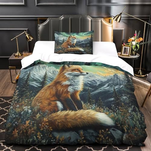 KuangGeKG Fuchs Bettbezug 2er Bettwäsche-Sets Cartoon-Tier 3D Druck Mit Reißverschluss Und Kissenbezug Mikrofaser.gemütlich Geeignet Für Erwachsene, Jugendliche, Kinder Single（135x200cm） von KuangGeKG