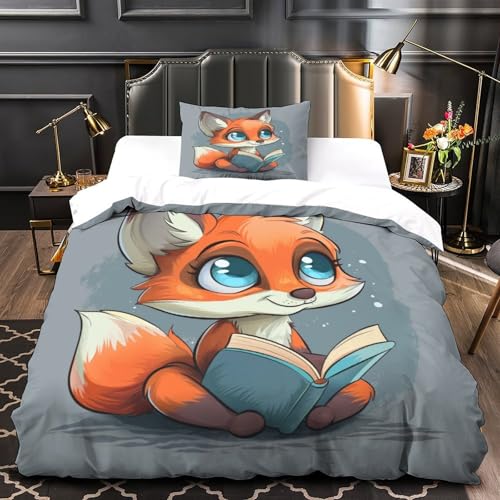 KuangGeKG Fuchs Bettbezug 2er BettwäscheSet Cartoon-Tier 3D Druck Mit Reißverschluss Und Kissenbezug Mikrofaser.Abriebfest Geeignet Für Erwachsene, Jugendliche, Kinder Single（135x200cm） von KuangGeKG