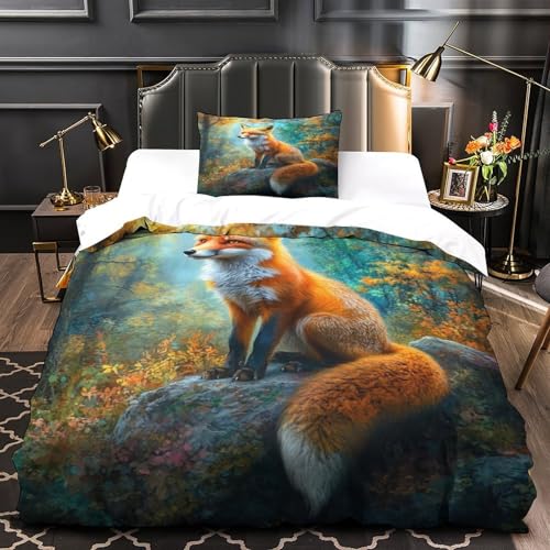 KuangGeKG Fuchs Bettbezug 2er BettwäscheSet Cartoon-Tier 3D Druck Mit Reißverschluss Und Kissenbezug Mikrofaser.gemütlich Geeignet Für Erwachsene, Jugendliche, Kinder Single（135x200cm） von KuangGeKG