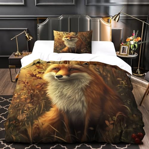 KuangGeKG Fuchs Bettbezug 2er BettwäscheSet Cartoon-Tier 3D Druck Mit Reißverschluss Und Kissenbezug Mikrofaser.gemütlich Geeignet Für Erwachsene, Jugendliche, Kinder Single（135x200cm） von KuangGeKG