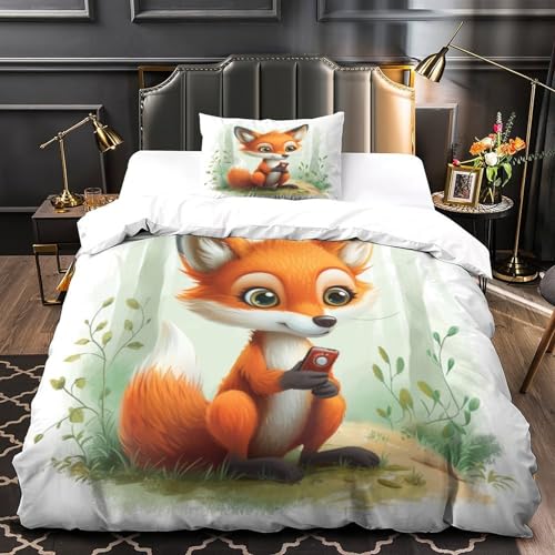 KuangGeKG Fuchs Bettbezug 2er Bettzeug-Set Cartoon-Tier 3D Druck Mit Reißverschluss Und Kissenbezug Mikrofaser.antibakteriell Geeignet Für Erwachsene, Jugendliche, Kinder Single（135x200cm） von KuangGeKG