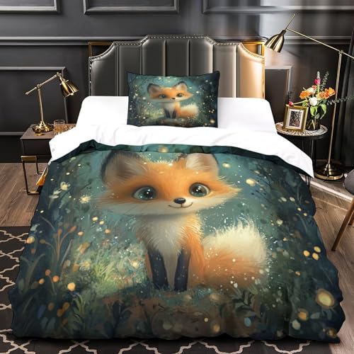 KuangGeKG Fuchs Bettbezug 2er Bettzeug-Set Cartoon-Tier 3D Druck Mit Reißverschluss Und Kissenbezug Mikrofaser.gemütlich Geeignet Für Erwachsene, Jugendliche, Kinder Single（135x200cm） von KuangGeKG