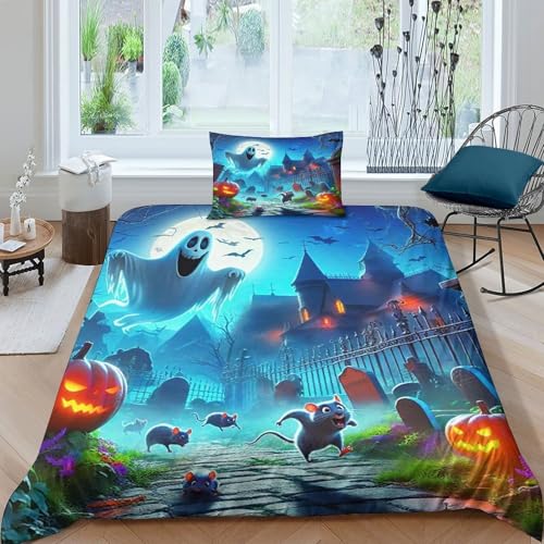 KuangGeKG Geister Kürbis Bettbezug 2 Stücke Bettwäsche-Sets Halloween 3D Druck Mit Reißverschluss Und Kissenbezug Mikrofaser Abriebfest Für Erwachsene,Jugendliche,Kinder Single（135x200cm） von KuangGeKG