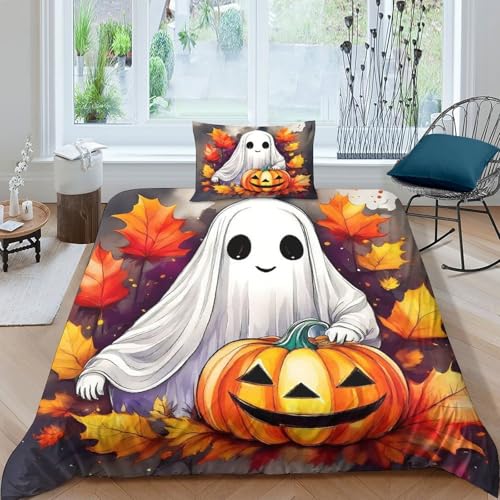 KuangGeKG Geister Kürbis Bettbezug 2er Bettwäsche-Sets Halloween 3D Druck Mit Reißverschluss Und Kissenbezug Mikrofaser Antibakteriell Für Erwachsene,Jugendliche,Kinder Single（135x200cm） von KuangGeKG
