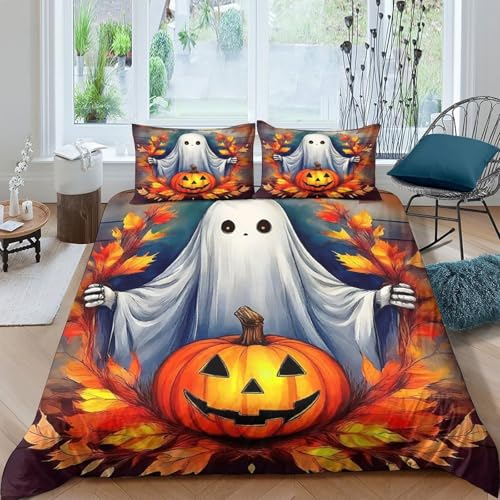 KuangGeKG Geister Kürbis Bettbezug 3-teiliges BettwäscheSet Halloween 3D Druck Mit Reißverschluss Und Kissenbezug Mikrofaser Gemütlich Für Erwachsene,Jugendliche,Kinder Double（200x200cm） von KuangGeKG