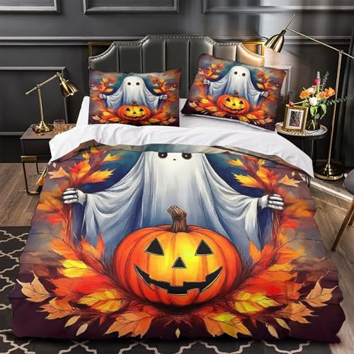 KuangGeKG Geister Kürbis Bettbezug 3er Bettzeug-Set Halloween 3D Druck Mit Reißverschluss Und Kissenbezug Mikrofaser Abriebfest Für Erwachsene,Jugendliche,Kinder Super King（260x220cm） von KuangGeKG