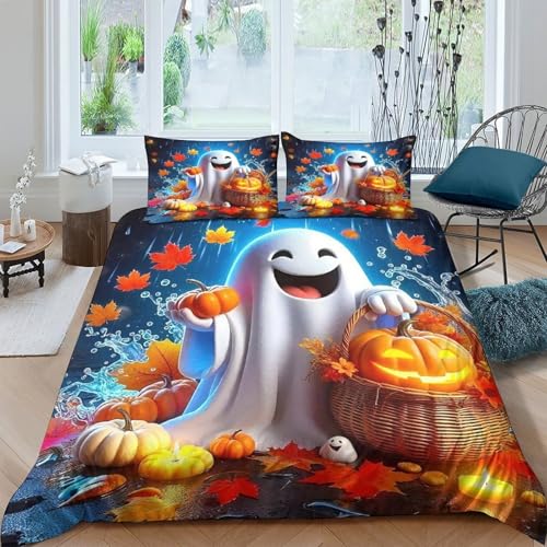KuangGeKG Geister Kürbis Bettbezug Dreiteiliger Bettwäsche-Sets Halloween 3D Druck Mit Reißverschluss Und Kissenbezug Mikrofaser Antibakteriell Für Erwachsene,Jugendliche,Kinder King（220x240cm） von KuangGeKG