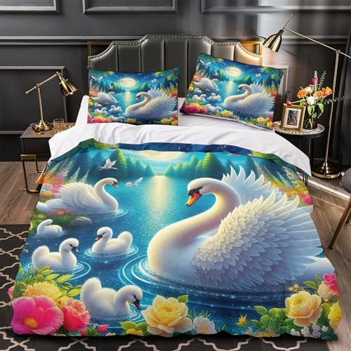 KuangGeKG Mondsee Bettbezug 3er BettwäscheSet Romantische Aussicht 3D Druck Mit Reißverschluss Und Kissenbezug Mikrofaser Antibakteriell Für Erwachsene,Jugendliche,Kinder Single（140x200cm） von KuangGeKG