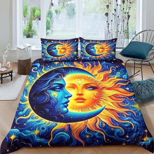 KuangGeKG Sonne und Mond Bettbezug 3er Bettzeug-Set Wunderbar bunt 3D Druck Mit Reißverschluss Und Kissenbezug Mikrofaser Abriebfest Für Erwachsene,Jugendliche,Kinder Double（200x200cm） von KuangGeKG
