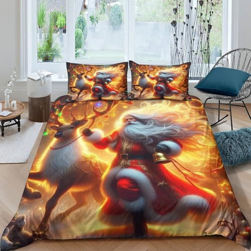 KuangGeKG Weihnachtsmann Bettbezug 3-teiliges BettwäscheSet Weihnachten 3D Druck Mit Reißverschluss Und Kissenbezug Mikrofaser Antibakteriell Für Erwachsene,Jugendliche,Kinder King（220x240cm） von KuangGeKG