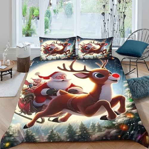 KuangGeKG Weihnachtsmann Bettbezug 3-teiliges Bettzeug-Set Weihnachten 3D Druck Mit Reißverschluss Und Kissenbezug Mikrofaser Antibakteriell Für Erwachsene,Jugendliche,Kinder King（220x240cm） von KuangGeKG