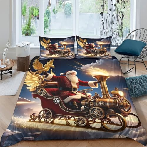 KuangGeKG Weihnachtsmann Bettbezug Dreiteiliger Bettzeug-Set Weihnachten 3D Druck Mit Reißverschluss Und Kissenbezug Mikrofaser Abriebfest Für Erwachsene,Jugendliche,Kinder King（220x240cm） von KuangGeKG