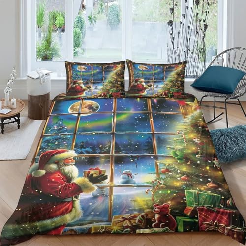 KuangGeKG Weihnachtsmann Bettbezug Dreiteiliger Bettzeug-Set Weihnachten 3D Druck Mit Reißverschluss Und Kissenbezug Mikrofaser Abriebfest Für Erwachsene,Jugendliche,Kinder King（220x240cm） von KuangGeKG