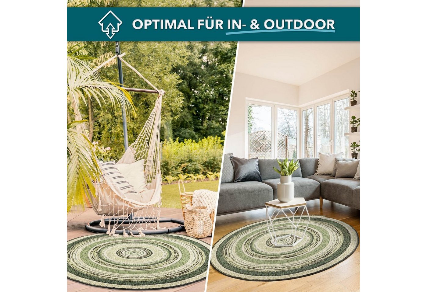 Teppich Leyla, 4 Farben, In- & Outdoor geeignet, 100% Polypropylen, Kubus, Rund, Höhe: 7 mm, pflegeleicht, Wohnzimmer von Kubus