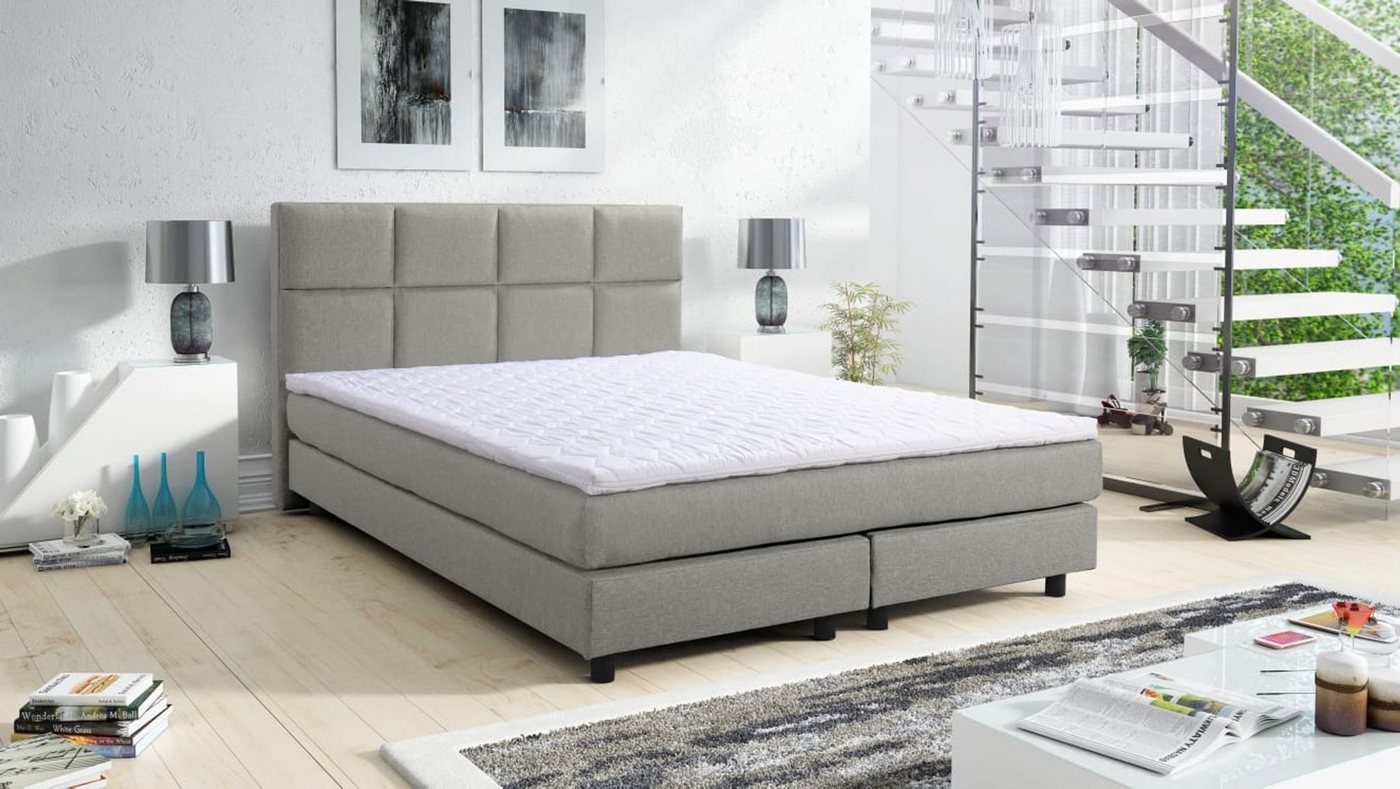 Küchen-Preisbombe Boxspringbett Glenn 1 Tablet Hotelbett Boxbett 140x200 Bett Topper hellgrau von Küchen-Preisbombe